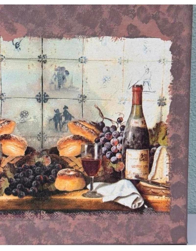 Klassiek Schilderij canvas Delfts blauwe tegels brood wijn, Antiek en Kunst, Kunst | Schilderijen | Klassiek, Ophalen of Verzenden