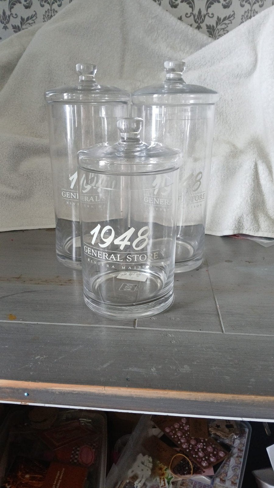 Riviera Maison glazen voorraadpotten set van 3, Glas, Ophalen of Verzenden, Zo goed als nieuw, Voorraadpot