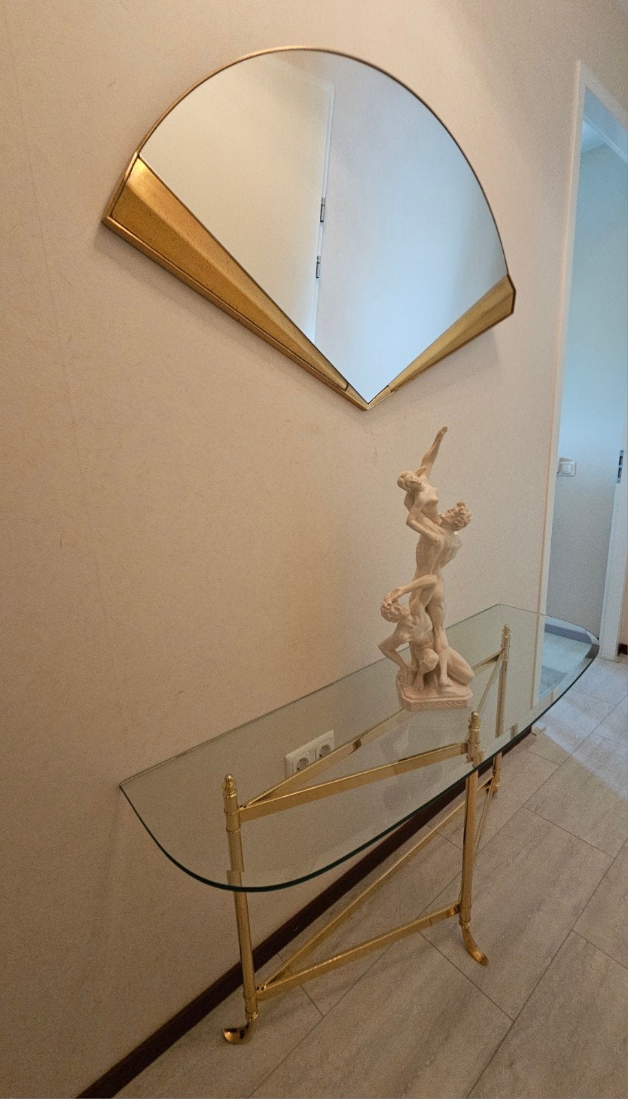 Sierlijke grote sidetable glazen blad en gouden rek tijdloos, Ophalen, 50 tot 100 cm, Minder dan 100 cm, Glas