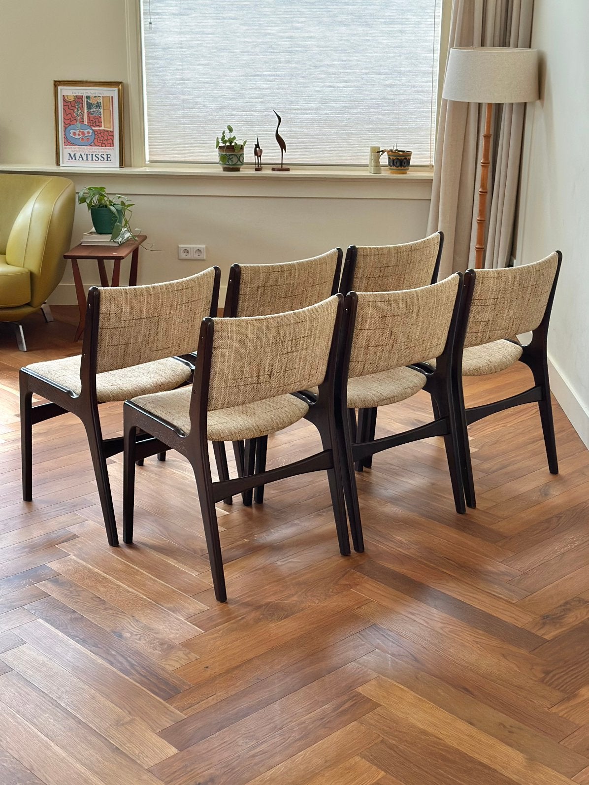 Set 6 Vintage stoelen Deens design eiken hout jaren 50/60/70, Ophalen, Hout, Gebruikt, Bruin