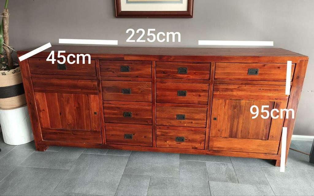 Massief acacia dressoir in koloniale stijl - 225cm breed, Huis en Inrichting, Kasten | Dressoirs, Ophalen, Gebruikt, Met deur(en)