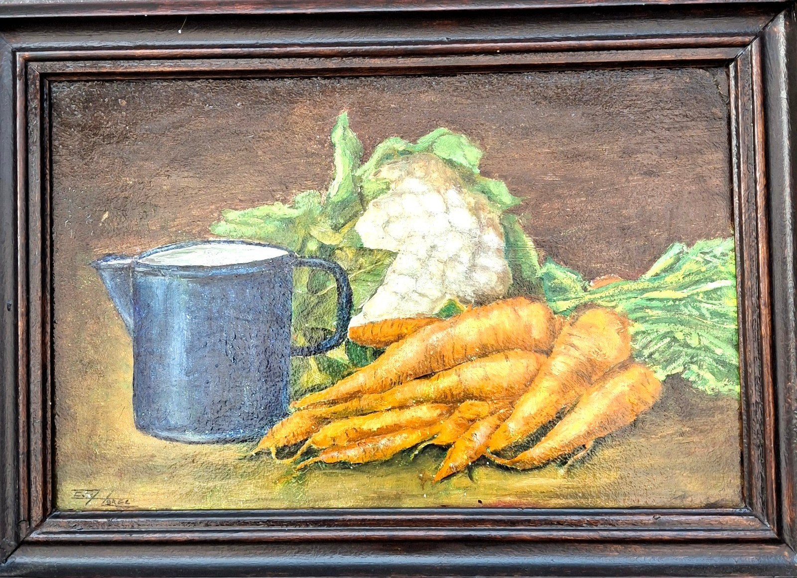 Stilleven met groenten en kan - Olieverf op paneel, Antiek en Kunst, Paneel, Handgeschilderd, Stilleven, Ophalen of Verzenden