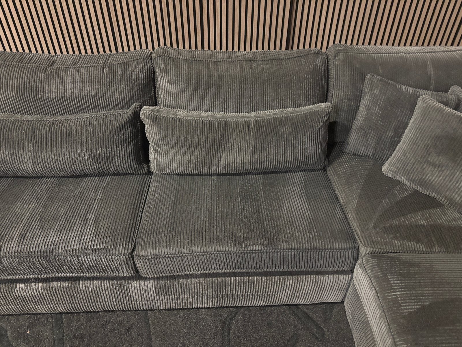 GRATIS LEVERING Ribstof Hoekbank Grijs 310x250 GEREINIGD, 300 cm of meer, Ophalen of Verzenden, Zo goed als nieuw, 150 cm of meer