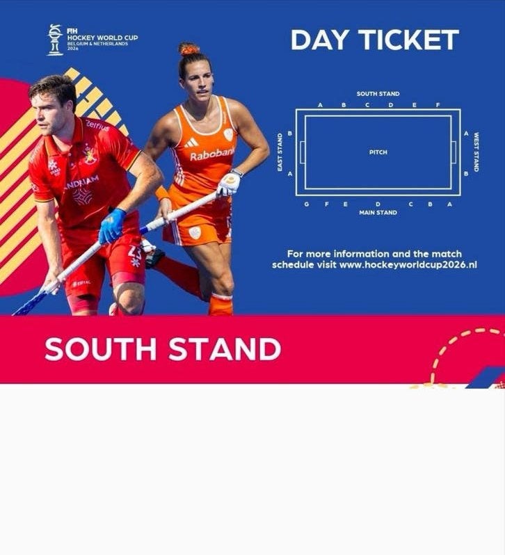 WK hockey 20 augustug nederland japan dagkaart south tribune, Tickets en Kaartjes, Drie personen of meer