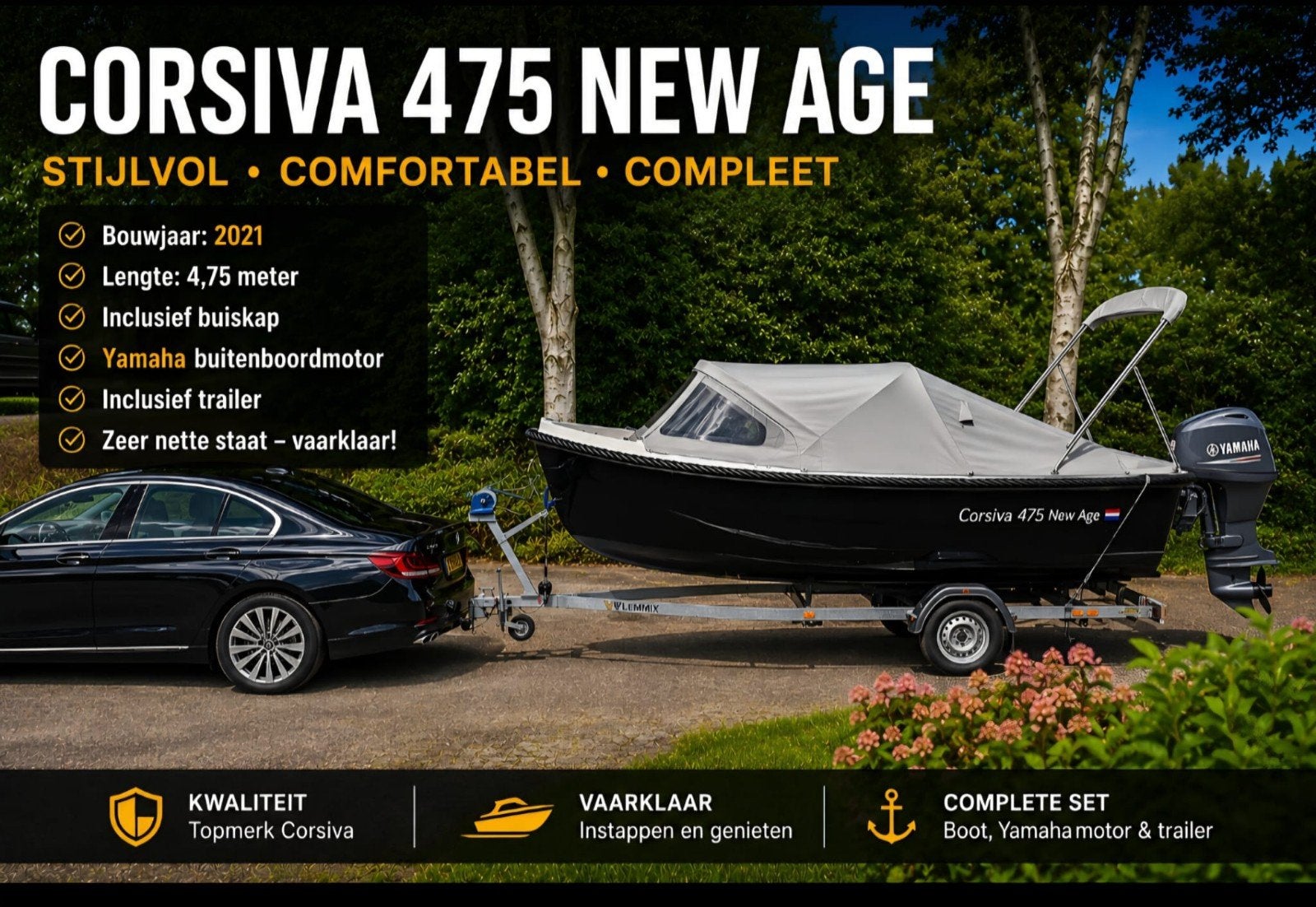 Corviva 475 sloep met trailer yamaha 15 pk buitenboordmotor, Watersport en Boten, Overige merken, Buitenboordmotor, Sloep, Ophalen of Verzenden