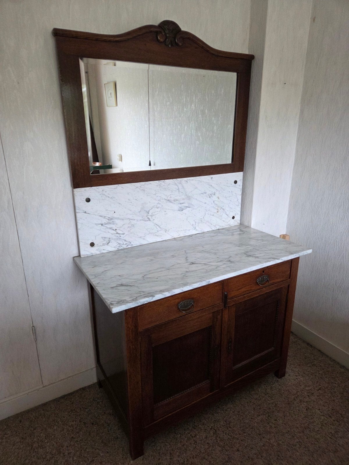 Antieke kaptafel, kast met spiegel en marmerblad, Ophalen, Gebruikt, 100 tot 150 cm