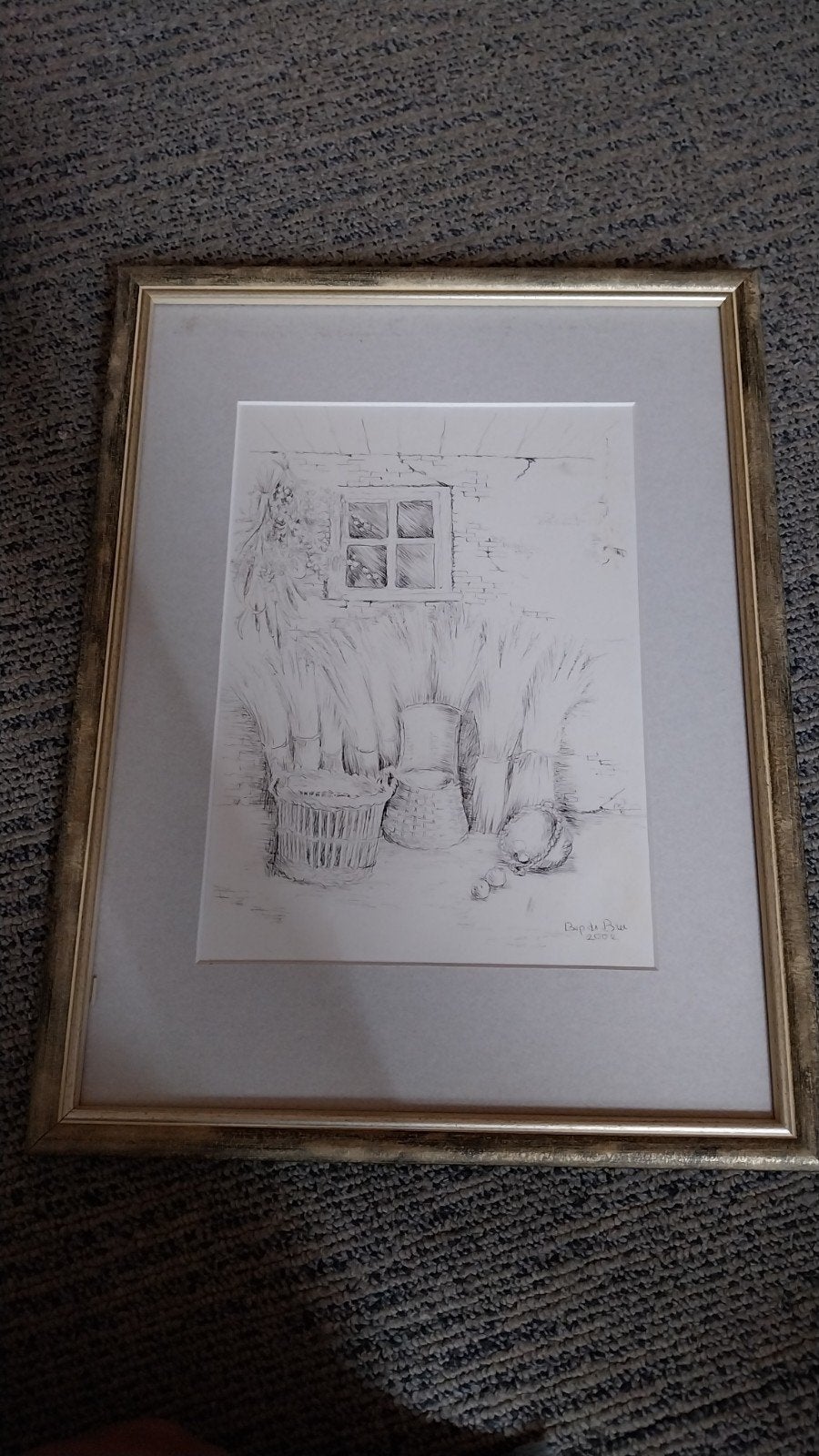 mooie pentekening stilleven in goud/ zwart kleurige lijst, Ophalen, Tekening, Ingelijst