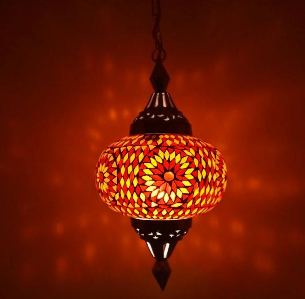 Oosterse Mozaïek Hanglamp - Handgemaakt Glas en Metaal, 50 tot 75 cm, Ophalen of Verzenden, Zo goed als nieuw, Glas