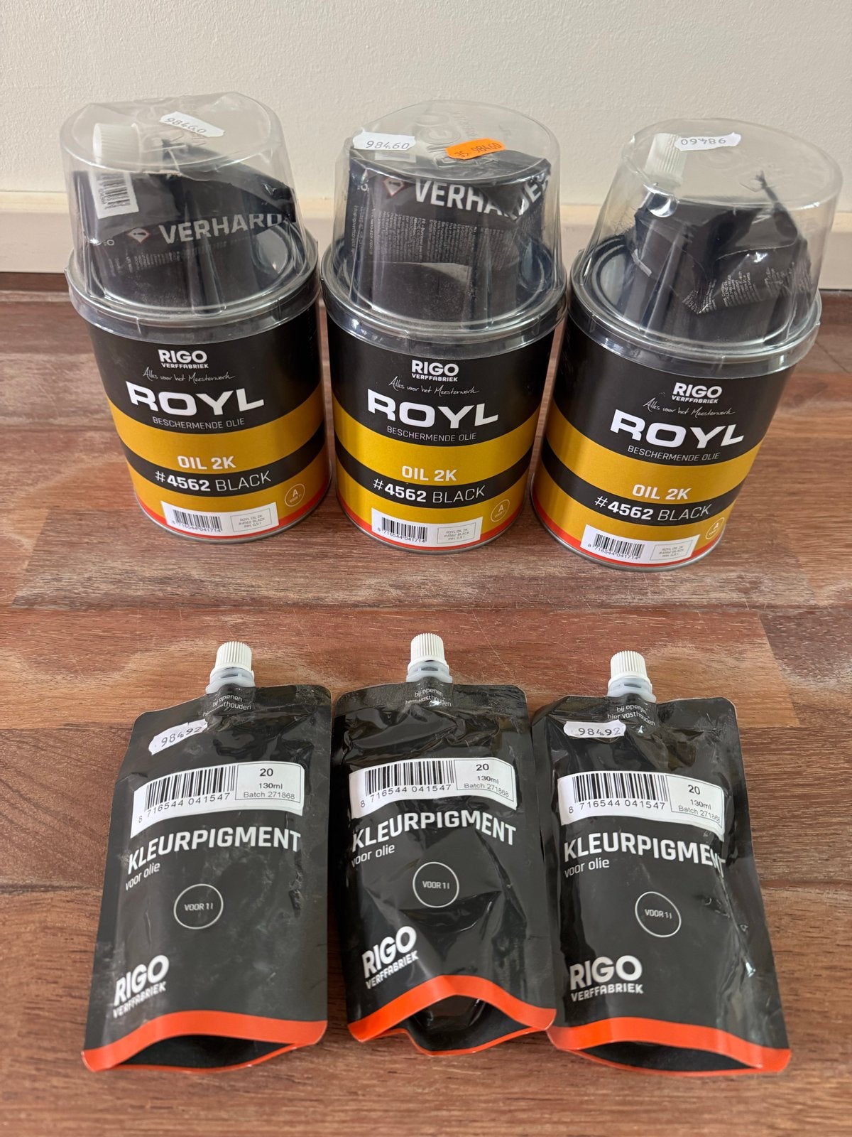 3x Rigo Verffabriek ROYL 2K Oil Black #4562 + 3x pigment B20, Zwart, Nieuw, Beits, Ophalen of Verzenden