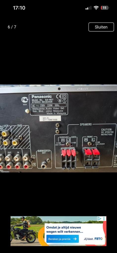 Panasonic SA-HE7 AV Control Receiver Dolby Digital, Gebruikt, 60 tot 120 watt, Ophalen, Overige merken