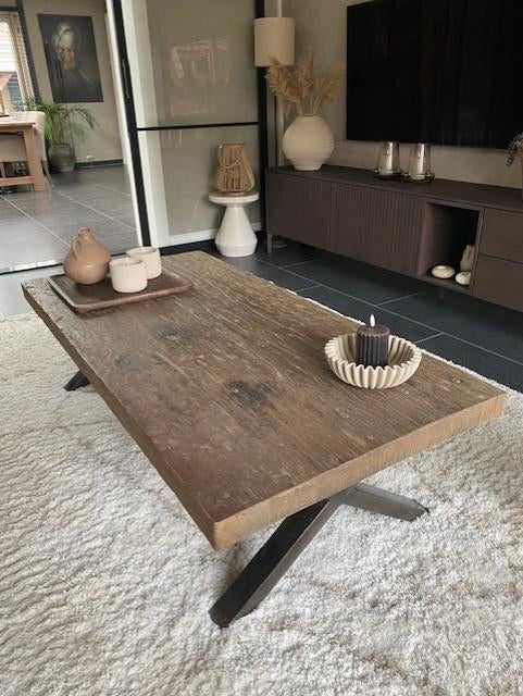 Stoere, sobere en landelijke salontafel dik teak blad, Ophalen, Gebruikt, 100 tot 150 cm, Teakhout