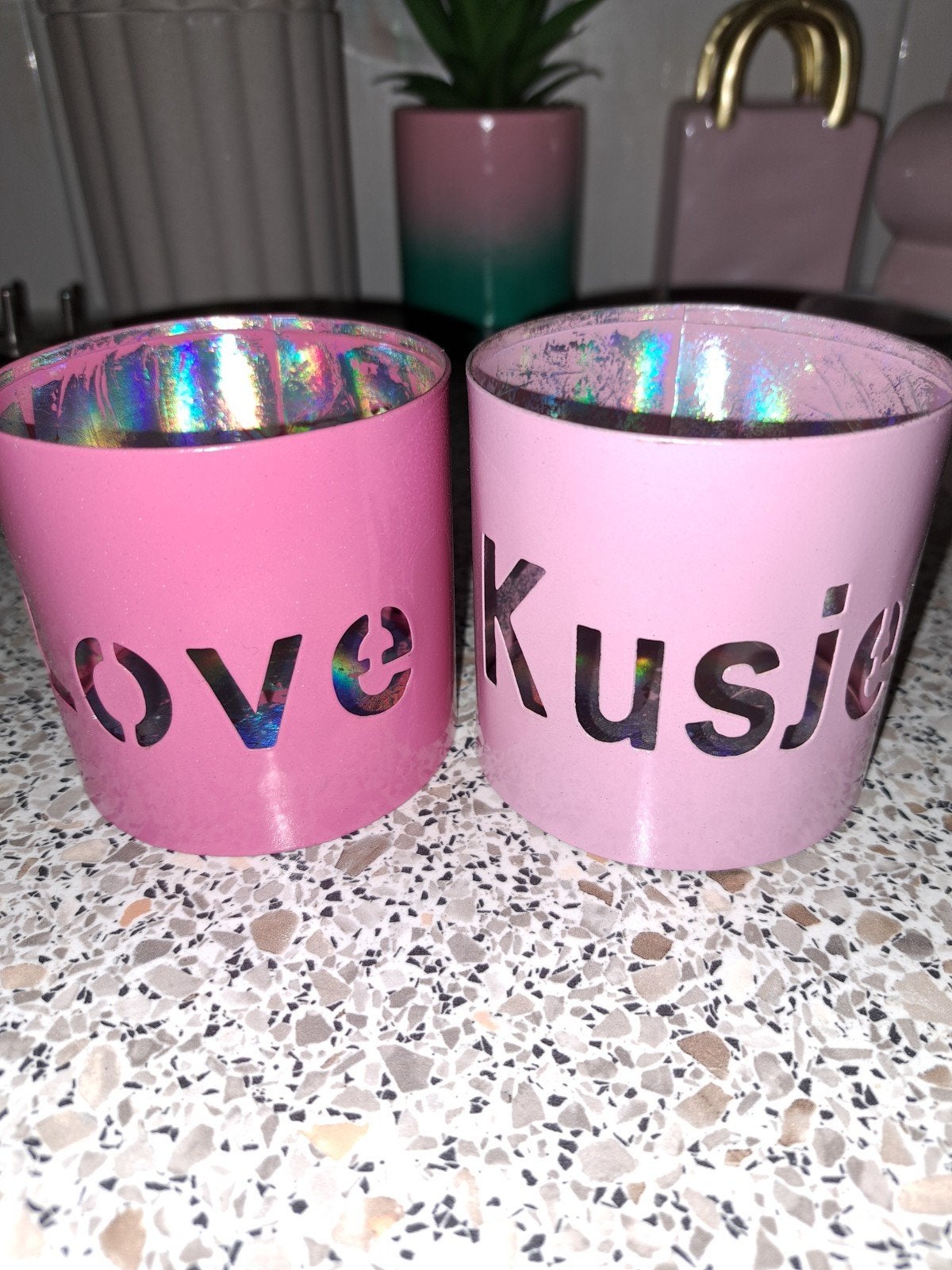 Set van 2 roze waxinelichthouders 'Love Kusje', Gebruikt, Overige merken, Waxinelichthouder, Ophalen of Verzenden
