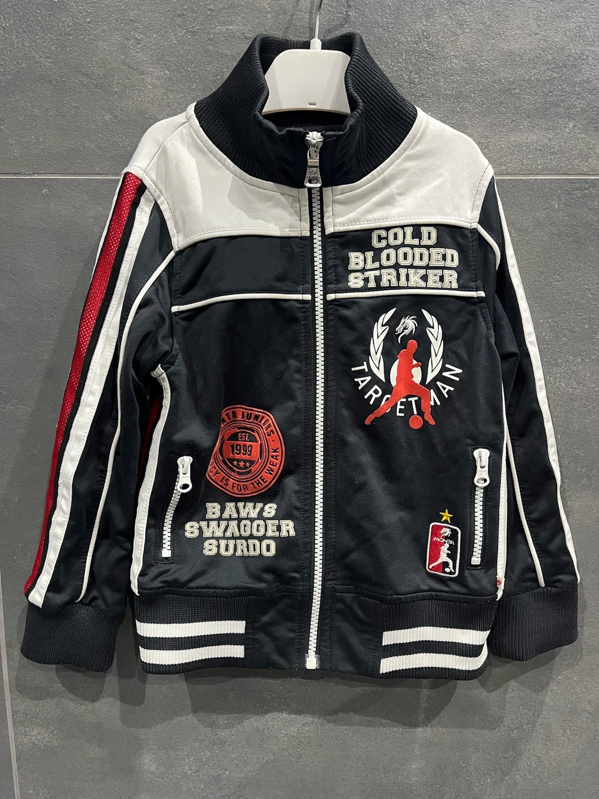 Monta Juniors Jas Maat 110/116 - Zwart/Wit/Rood, Verzenden, Zo goed als nieuw, Jongen, Jas