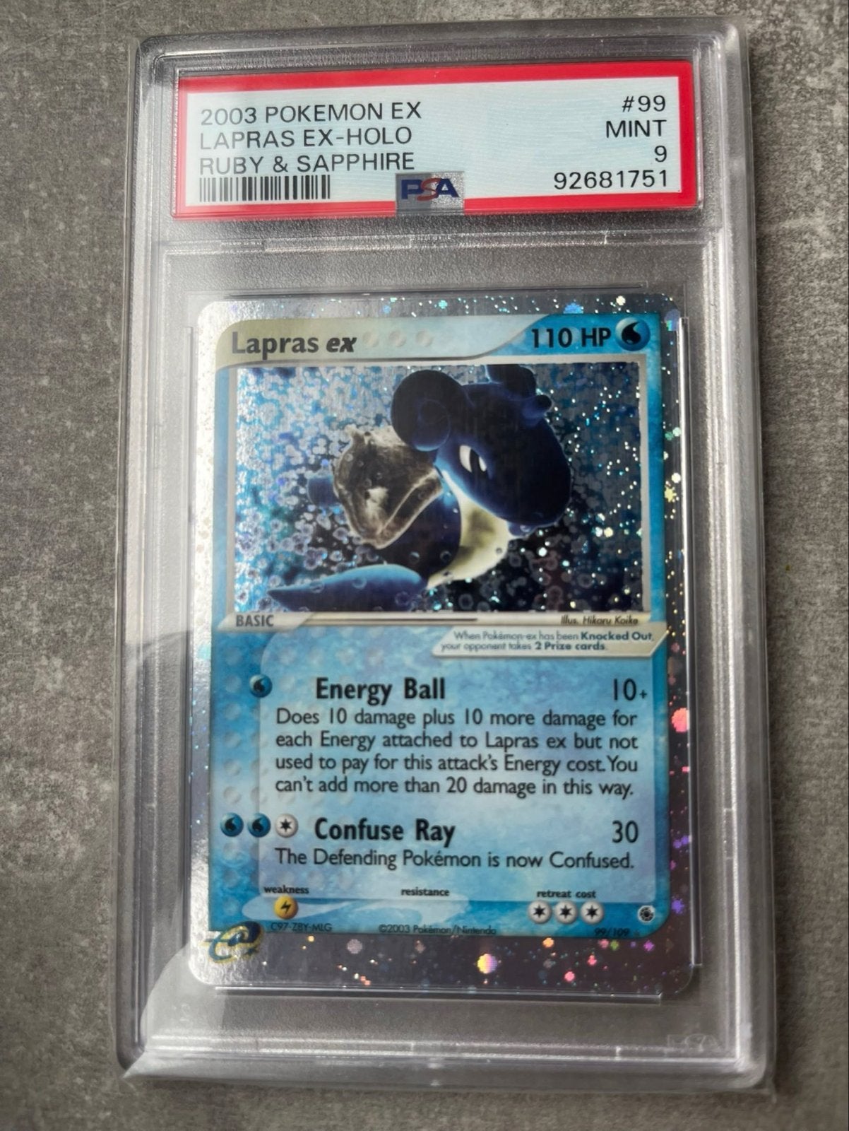 2003 Pokémon EX Lapras EX-Holo PSA 9 Mint, Ophalen of Verzenden, Zo goed als nieuw, Losse kaart, Foil