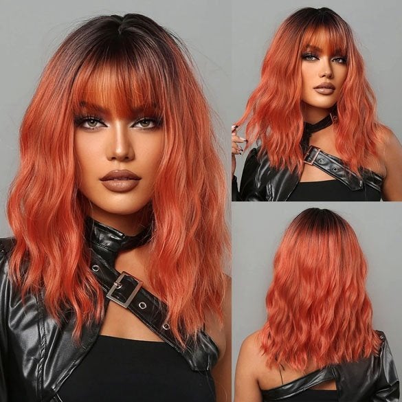 Koperrode wavy pruik bob model met pony en donkere roots, Ophalen of Verzenden, Nieuw, Pruik of Haarverlenging
