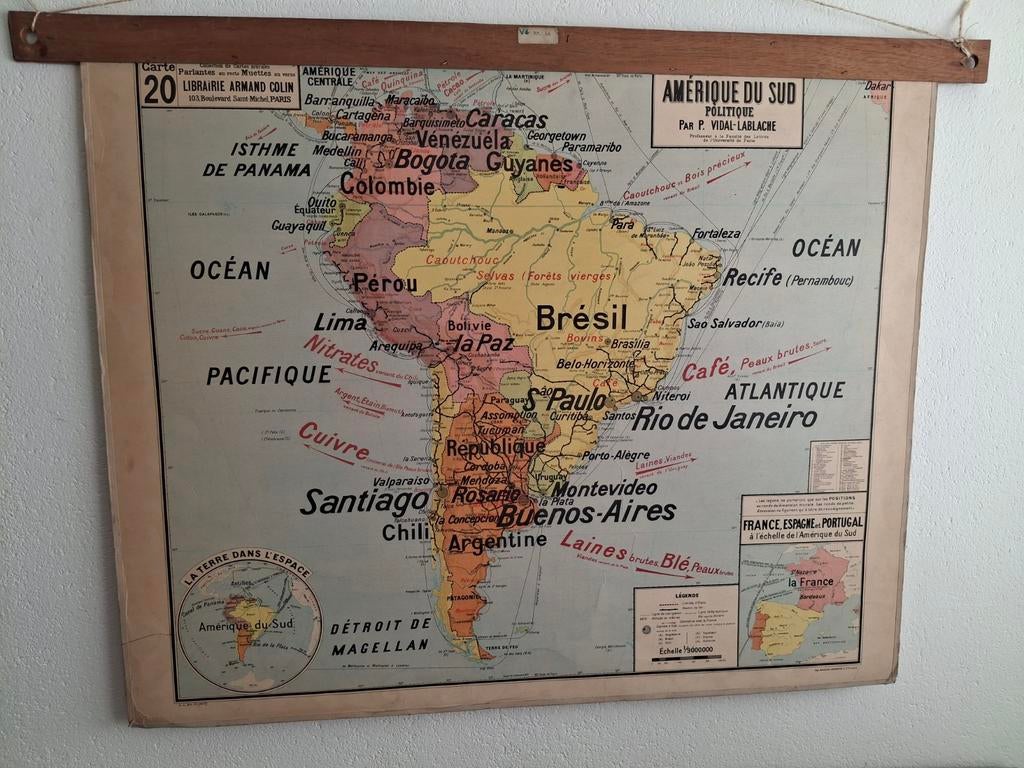 Vintage Franse schoolkaart kaart Zuid-Amerika, Gelezen, Overige atlassen, Ophalen of Verzenden, 1800 tot 2000