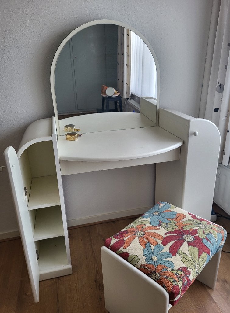 Witte kaptafel met spiegel en gekleurde kruk, Ophalen, Gebruikt, 100 tot 150 cm, 100 tot 150 cm
