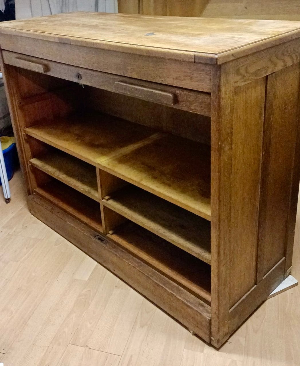 Vintage eiken archiefkast met roldeur, Ophalen, Gebruikt, Eikenhout, 50 tot 100 cm