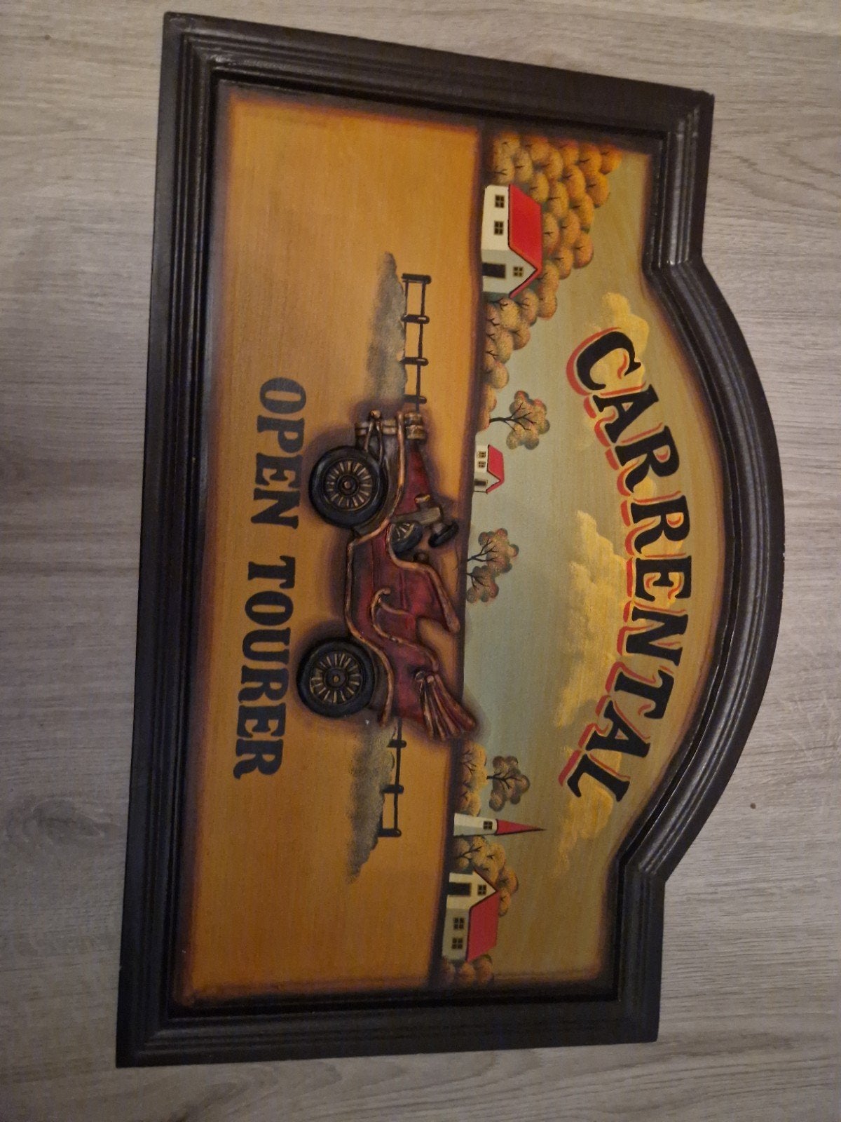 Vintage houten bord 'Car Rental Open Tourer', Ophalen of Verzenden