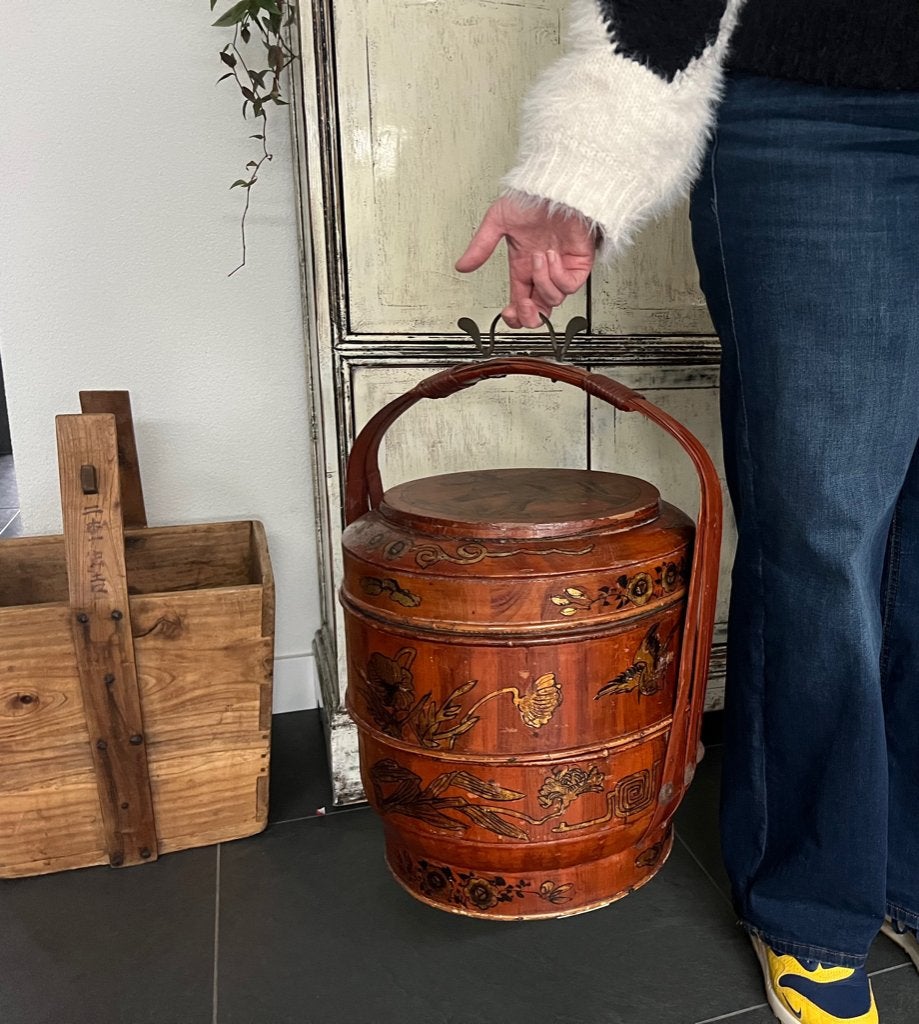 Chinese bak handbeschilderd xxl bamboe chinees trouwmand, Antiek en Kunst, Hout, Bruin, Doos, China