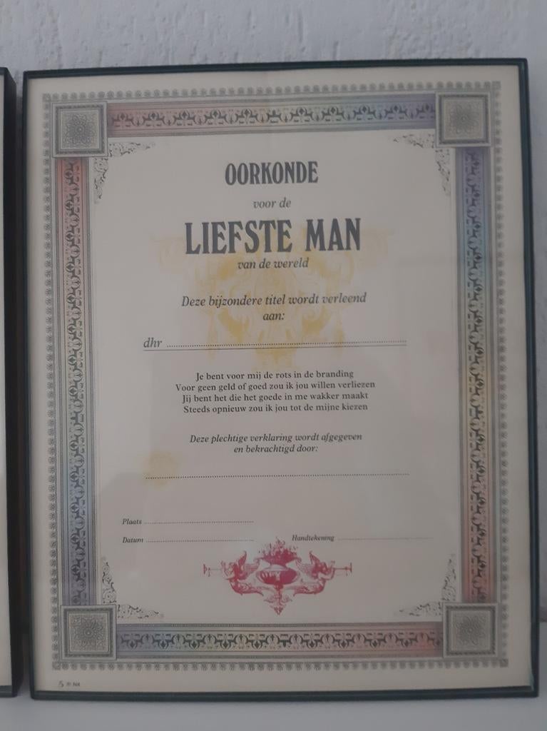 Oorkondes Liefste Man/Vrouw van de Wereld  Samen 10 Euro, Ophalen of Verzenden, Nieuw