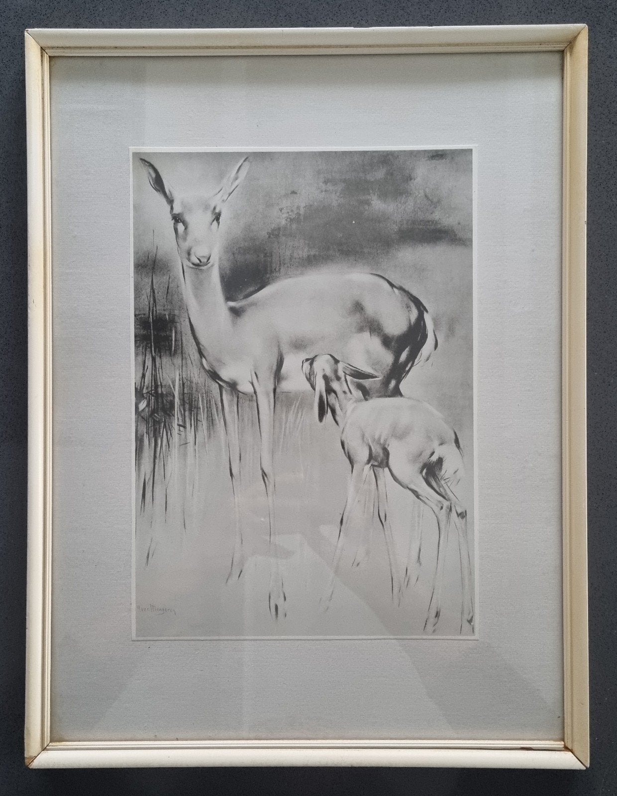 Vintage prent "Hertje met jong" van Han van Meegeren, Ophalen of Verzenden, Print, Prent, Ingelijst