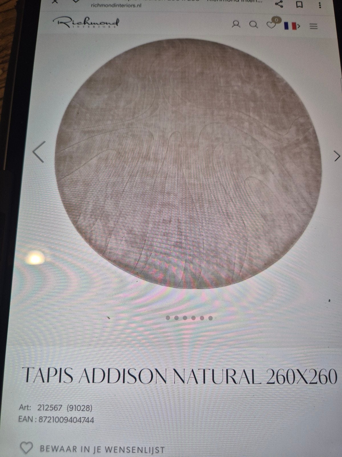 Richmond LUX Vloerkleed TAPIS ADDISON Rond Katoen  260x26, Huis en Inrichting, Stoffering | Tapijten en Kleden, Ophalen, Beige