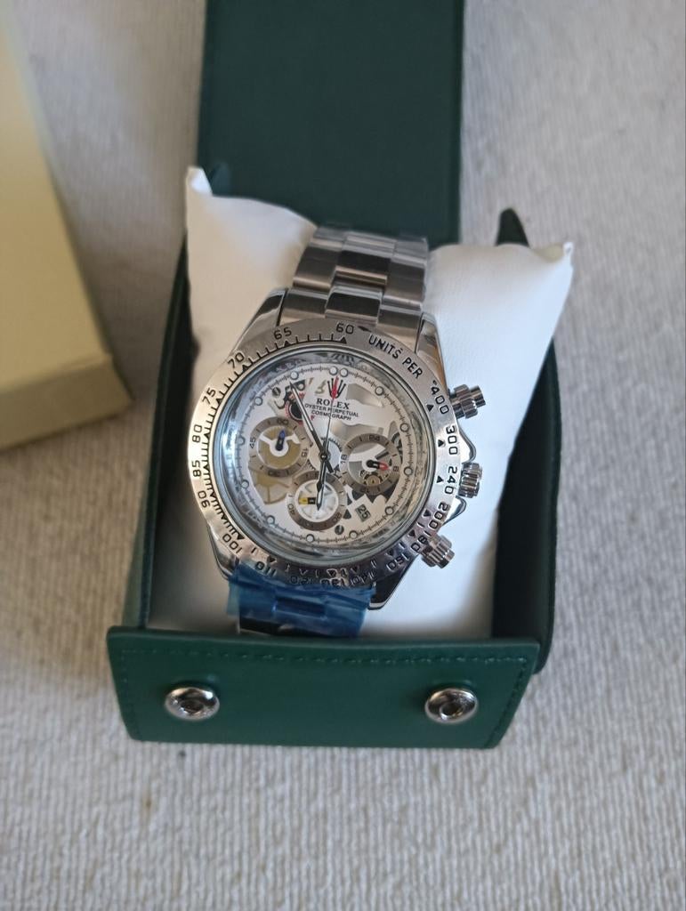Rolex Daytona Skeleton zilver chronograaf plus Rolex etui, Ophalen of Verzenden, Nieuw, Zilver, IOS