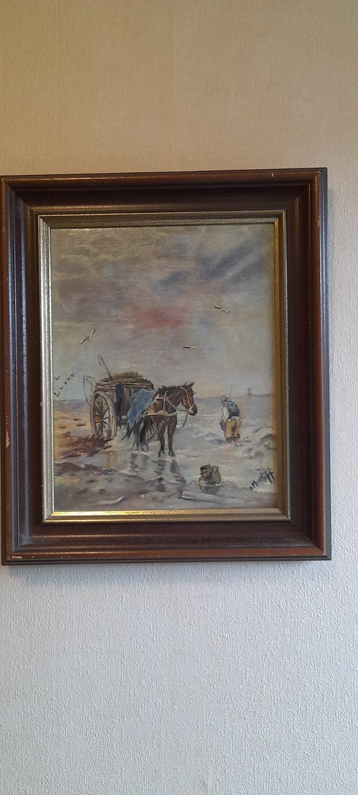 Schelpenkar met schelpenvisser op het strand., Antiek en Kunst, Ophalen of Verzenden
