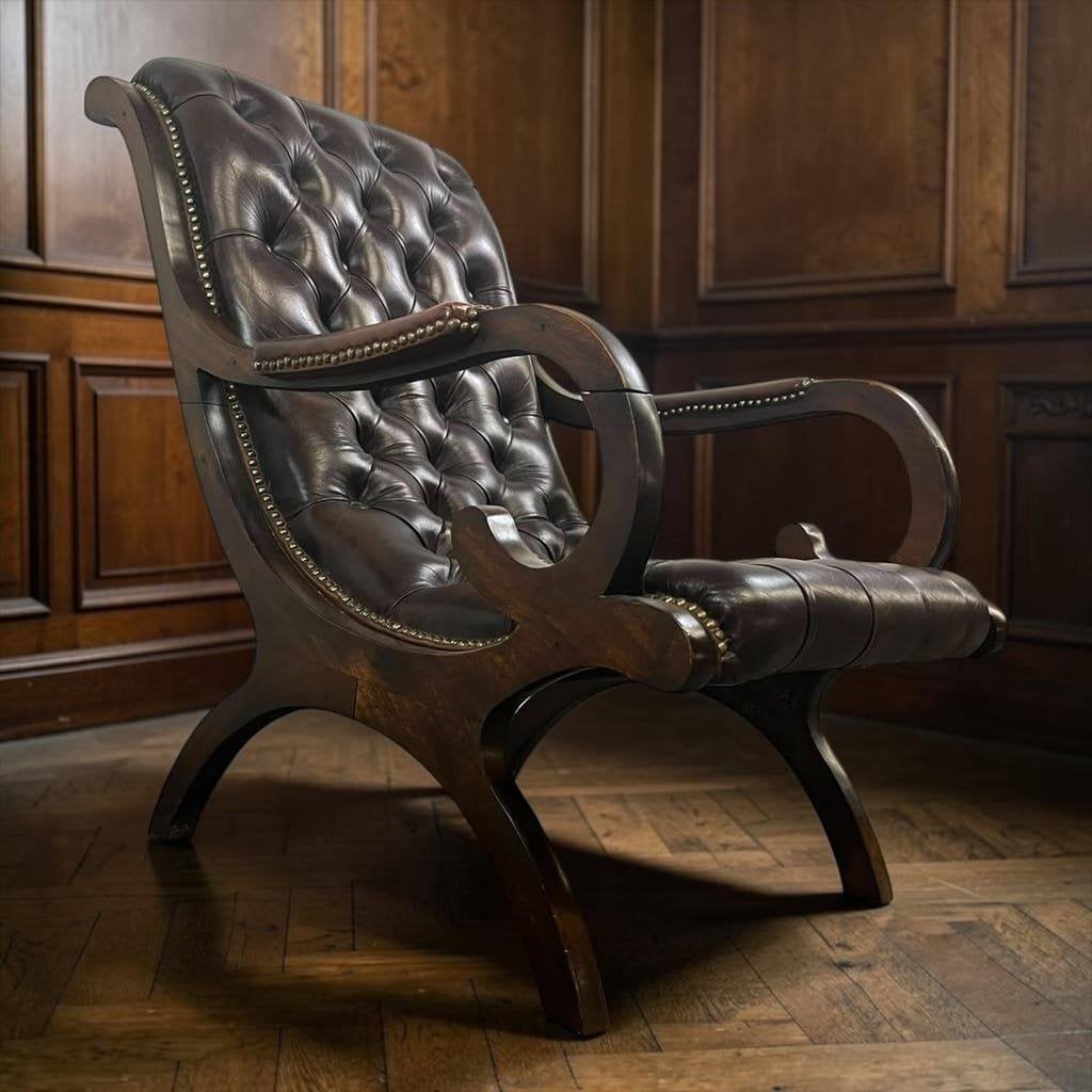Vintage donkerbruine leren chesterfield / eenzit / fauteuil, Ophalen