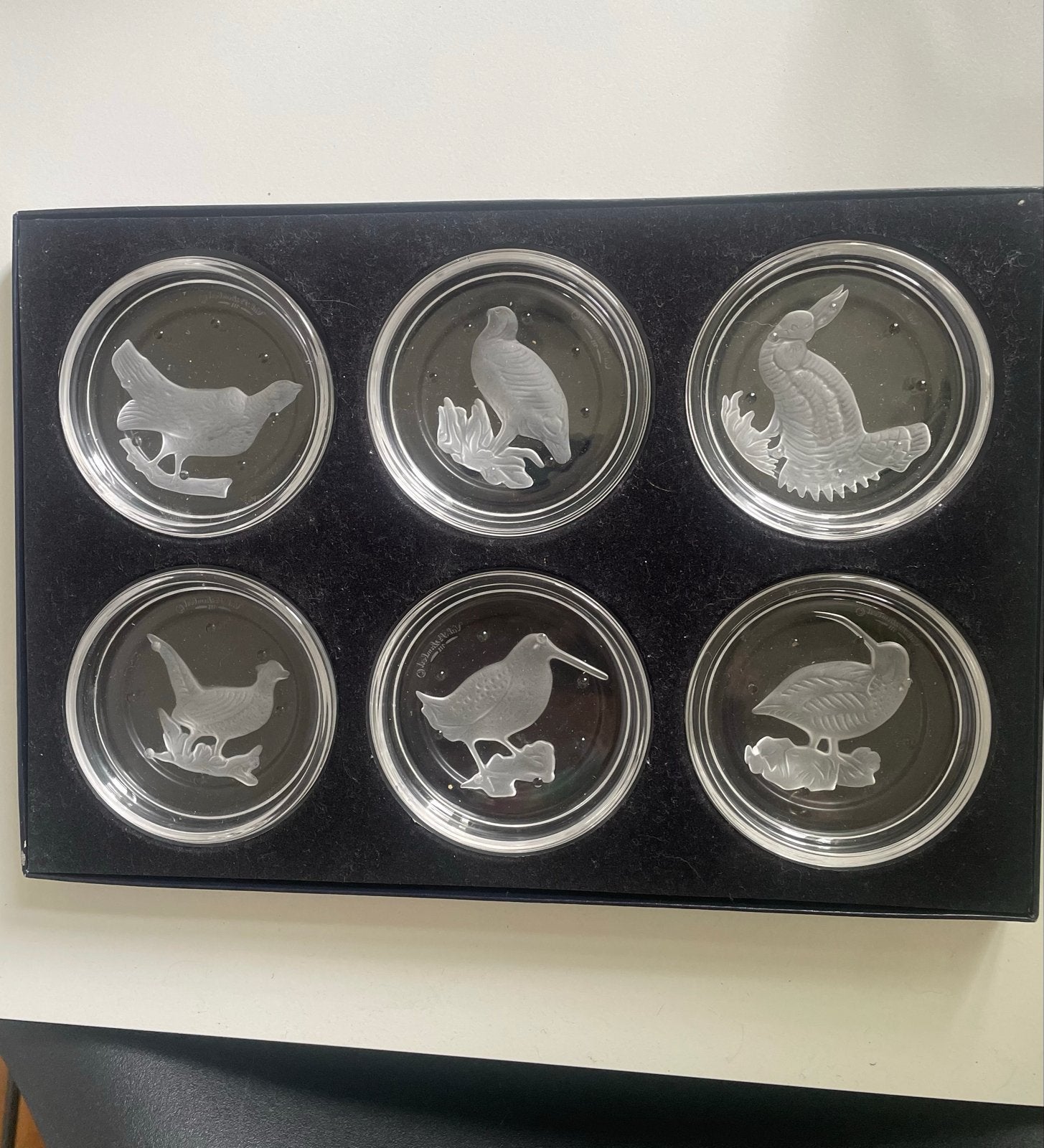 Val Saint Lambert Kristallen Onderzetters Vogels Set van 6, Ophalen of Verzenden, Zo goed als nieuw