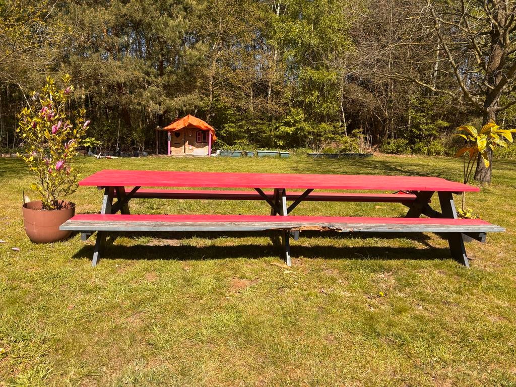 Grote dubbele picknicktafel voor 16-18 personen, Ophalen, Gebruikt, Rechthoekig, Hout