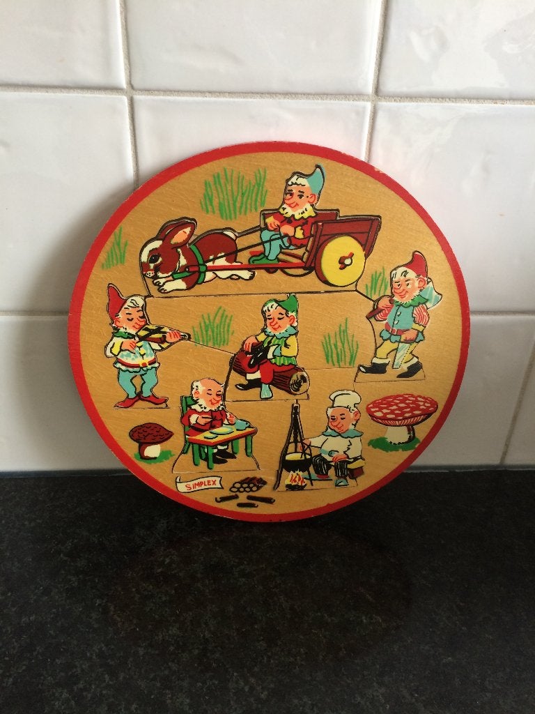 Vintage simplex puzzel hout kabouters & paddestoelen, 2 tot 4 jaar, Ophalen of Verzenden, Zo goed als nieuw, Van hout