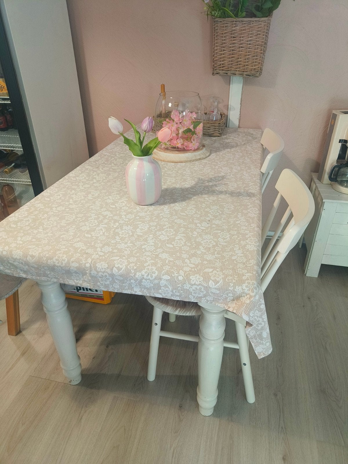 Witte eettafel met lade, 2 stoelen en bankje, Huis en Inrichting, Tafels | Eettafels, Ophalen, Vier personen, Rechthoekig, Eikenhout