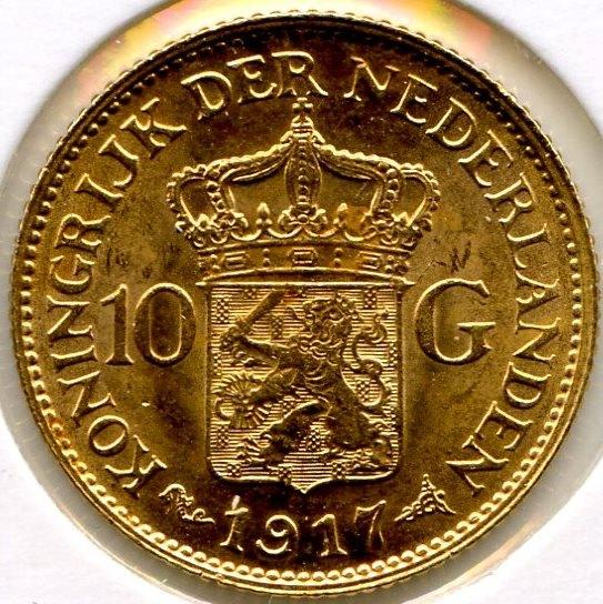 gouden tientje 10 gulden 1917 PR+, Koningin Wilhelmina, Losse munt, 10 gulden, Goud