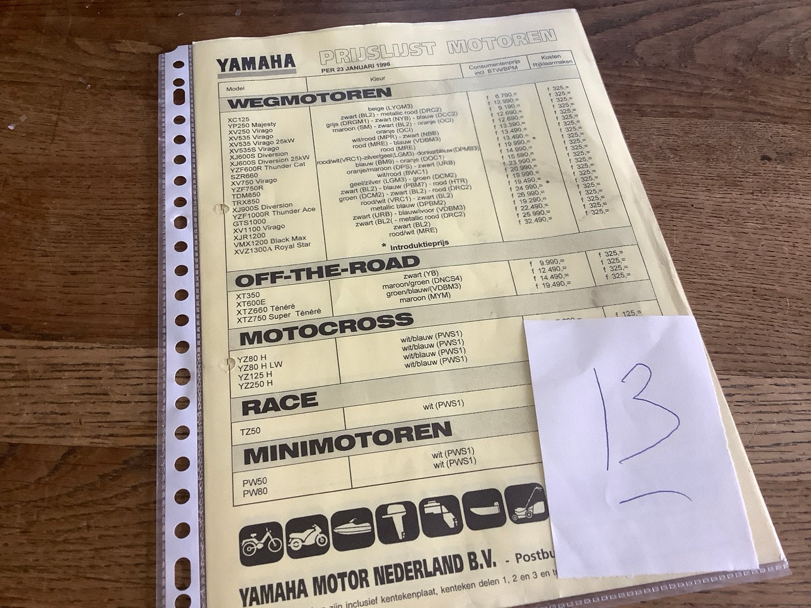 Originele Yamaha Prijslijst Motoren - Januari 1996     (13), Verzenden, Yamaha