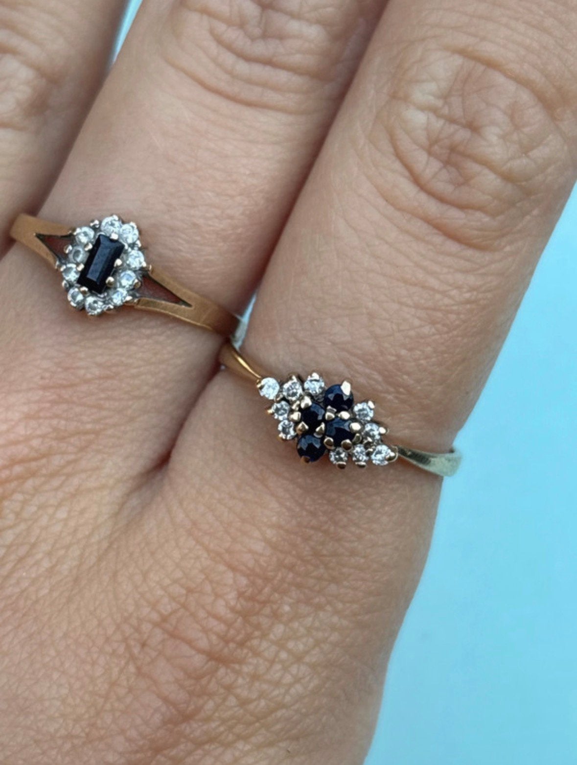 Vintage 9 karaat gouden cluster ring met saffier en diamant, Sieraden, Tassen en Uiterlijk, Ringen, 18 tot 19, Zo goed als nieuw