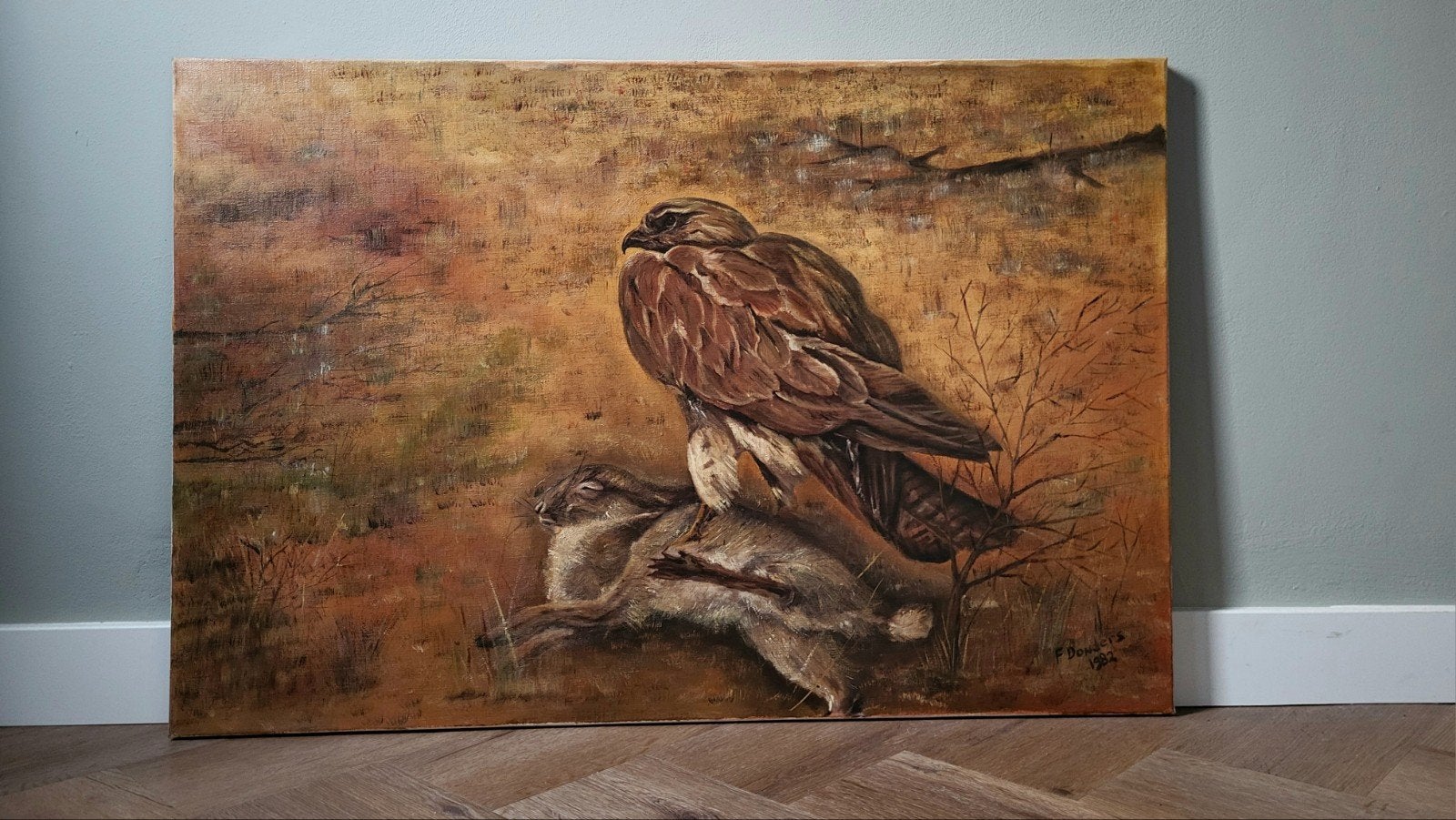 Schilderij roofvogel - haas, Antiek en Kunst, Ophalen