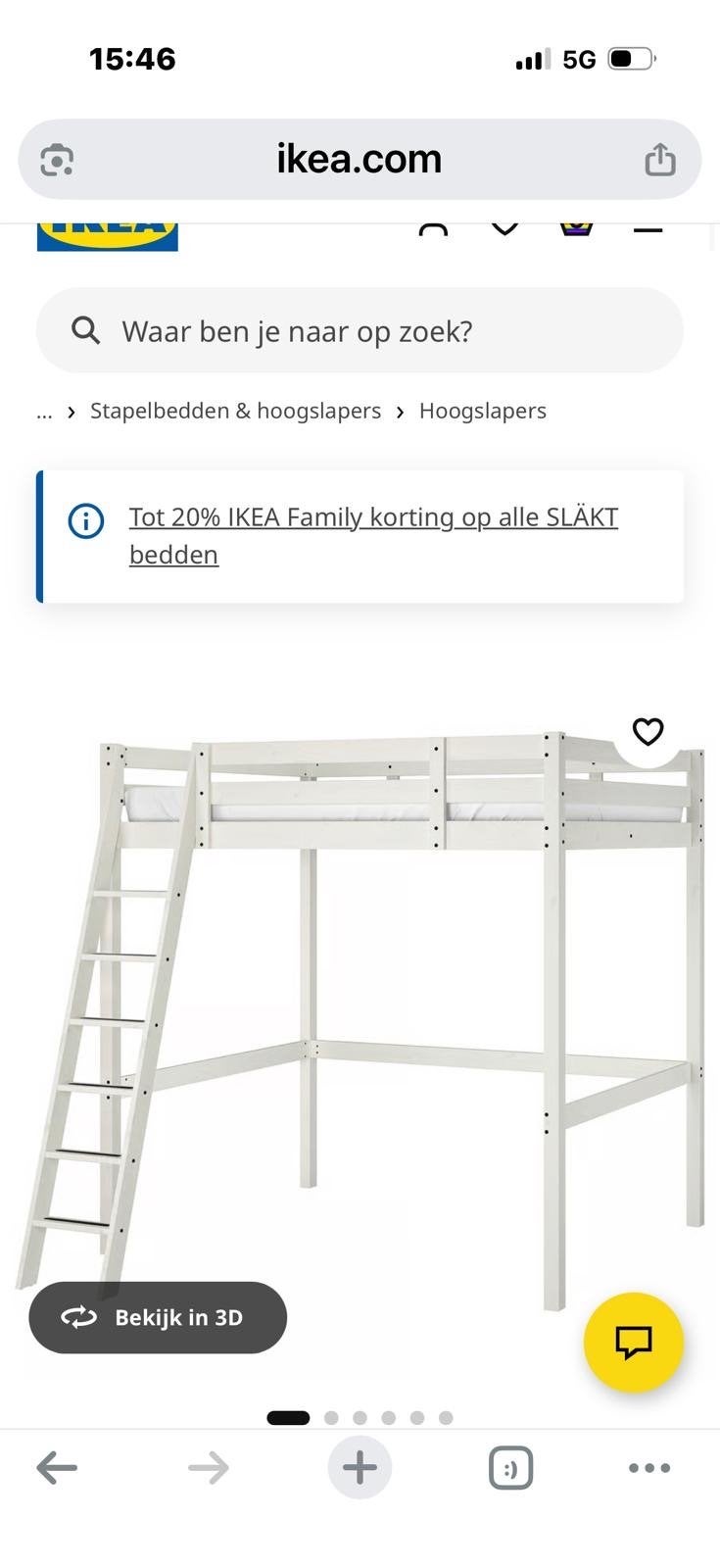 IKEA Stora Hoogslaper - Wit Gebeitst (140x200 cm), Ophalen, Gebruikt, Hoogslaper, Tweepersoons