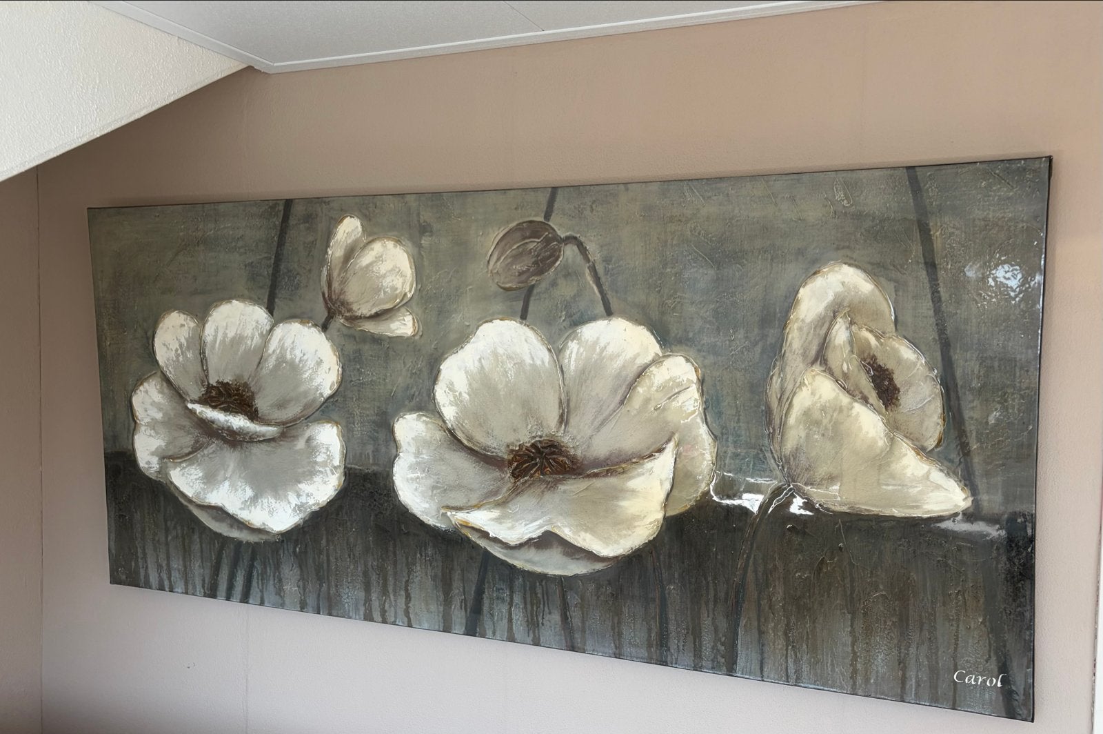 Groot Schilderij met witte bloemen - Carol, Ophalen, 50 – 75, Oorspronkelijke maker, Zo goed als nieuw