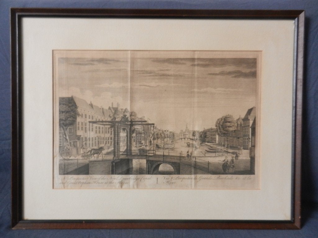 Gravure Bierkade Den Haag / New Drawbridge Canal ca. 1770, Antiek en Kunst, Ingelijst, Stadsgezicht, 27 cm, Ophalen of Verzenden