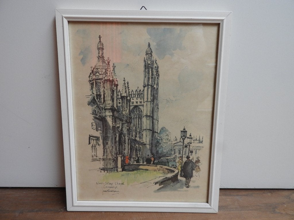 Prent Jan Korthals - King's College Chapel, Gebruikt, Ophalen of Verzenden, Gebouw, Voor 1940
