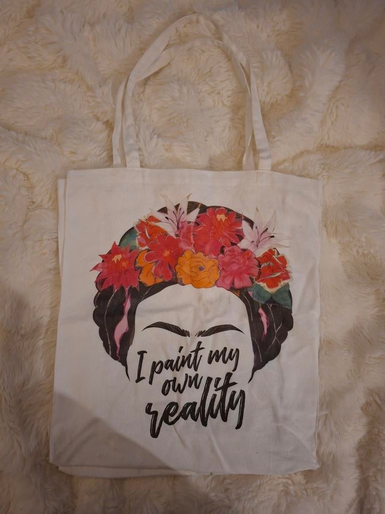 Tote bag met Frida Kahlo - I paint my own reality, Ophalen of Verzenden, Zo goed als nieuw, Wit, Schoudertasje