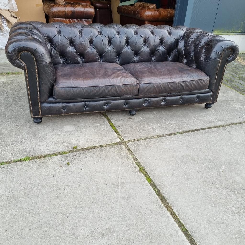 Chesterfield bank vintage black / zwart + GRATIS BEZORGD, Huis en Inrichting, Banken | Bankstellen, Gebruikt, Chesterfield, Leer