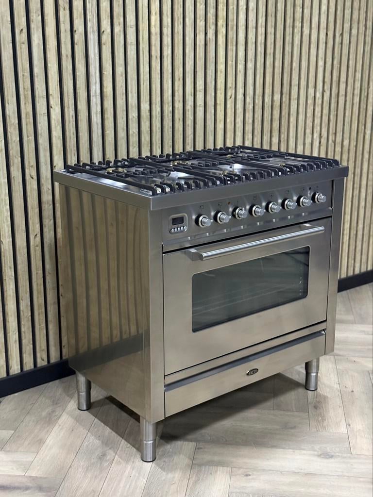 Boretti Inox 90cm Gas 6 pits + Multifunctionele Oven, Warmhoudplaat, 60 cm of meer, Ophalen of Verzenden, Zo goed als nieuw