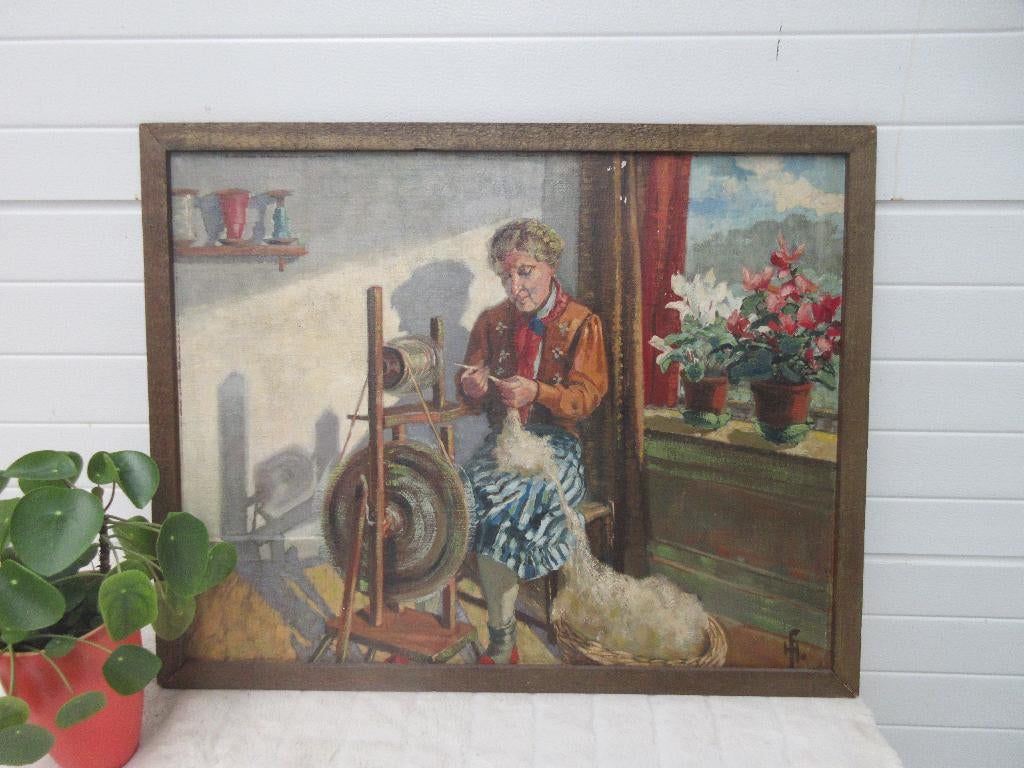 schilderij van een spinster door Hein Froonen, Antiek en Kunst, Kunst | Schilderijen | Klassiek, Ophalen