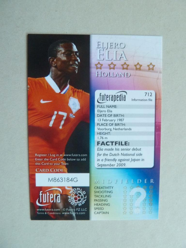Futera card   Eljero.Elia. Holland  ex Feyenoord, Ophalen of Verzenden, Zo goed als nieuw, Buitenlandse clubs, Poster, Plaatje of Sticker