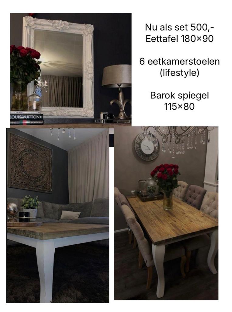 Eetkamer set: Tafel, stoelen en spiegel, Huis en Inrichting, Complete eetkamers, Ophalen of Verzenden, Gebruikt, 6 tot 8 stoelen