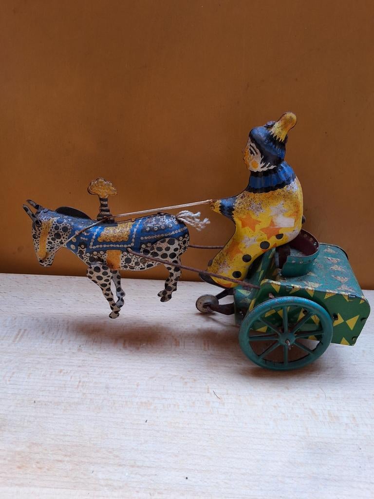 Vintage blikken speelgoed clown met ezel en kar, Ophalen of Verzenden