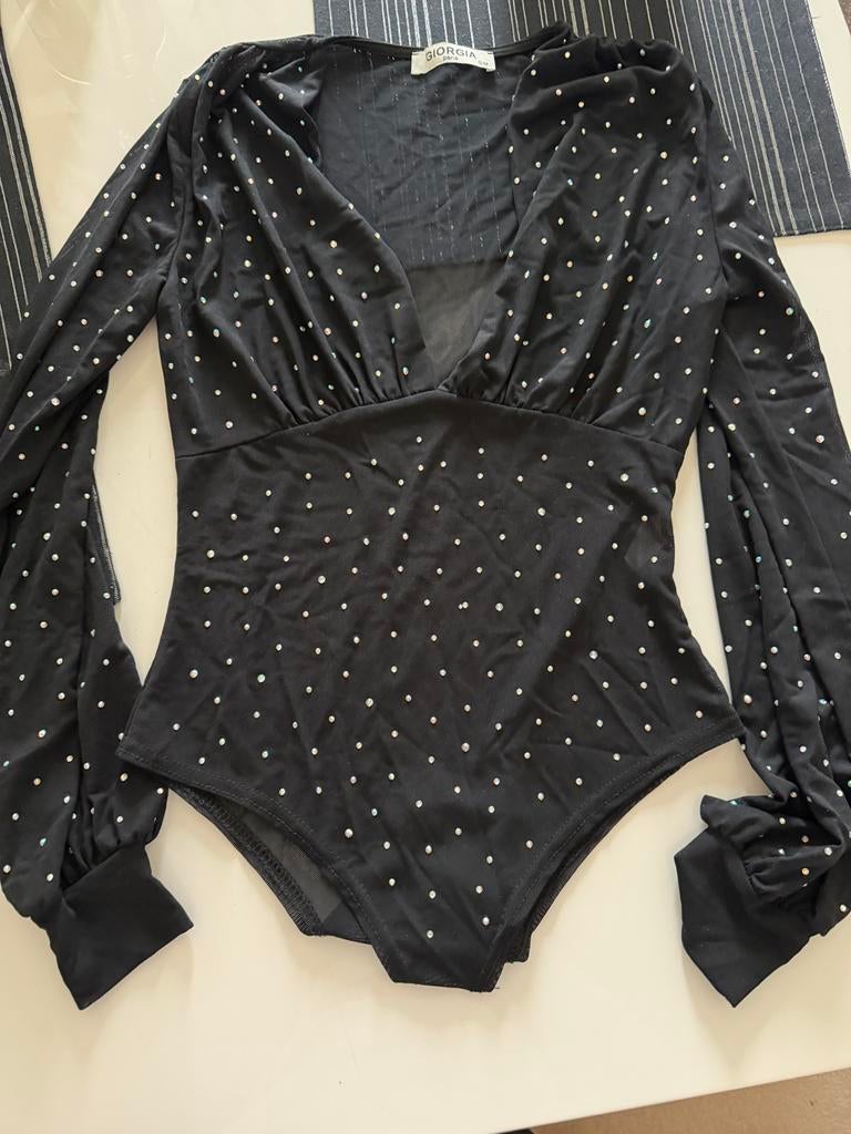 Zwarte bodysuit met glitters - Giorgia Paris, Kleding | Dames, Zwart, Ophalen of Verzenden, Zo goed als nieuw, Lange mouw